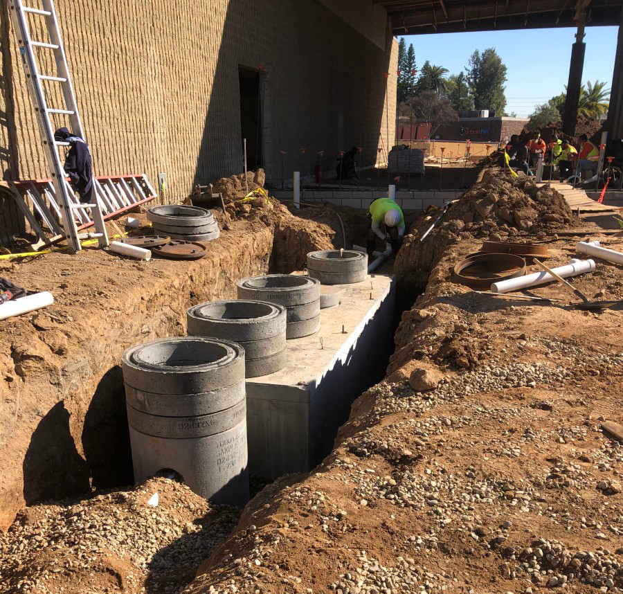 Trench with manholes and underground piping - Grocery and Convenience Stores Plumbing